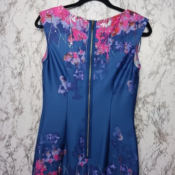 ADRIANNA PAPELL  Floral Print Scuba Sheath Dress Women's Blue Size 8 Above Knee - Picture 5 of 9